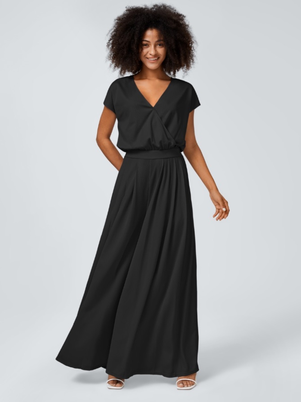 NWT Halara V-Neck Short Sleeve Wide Leg Flowy Jumpsuit Pockets Black XLP